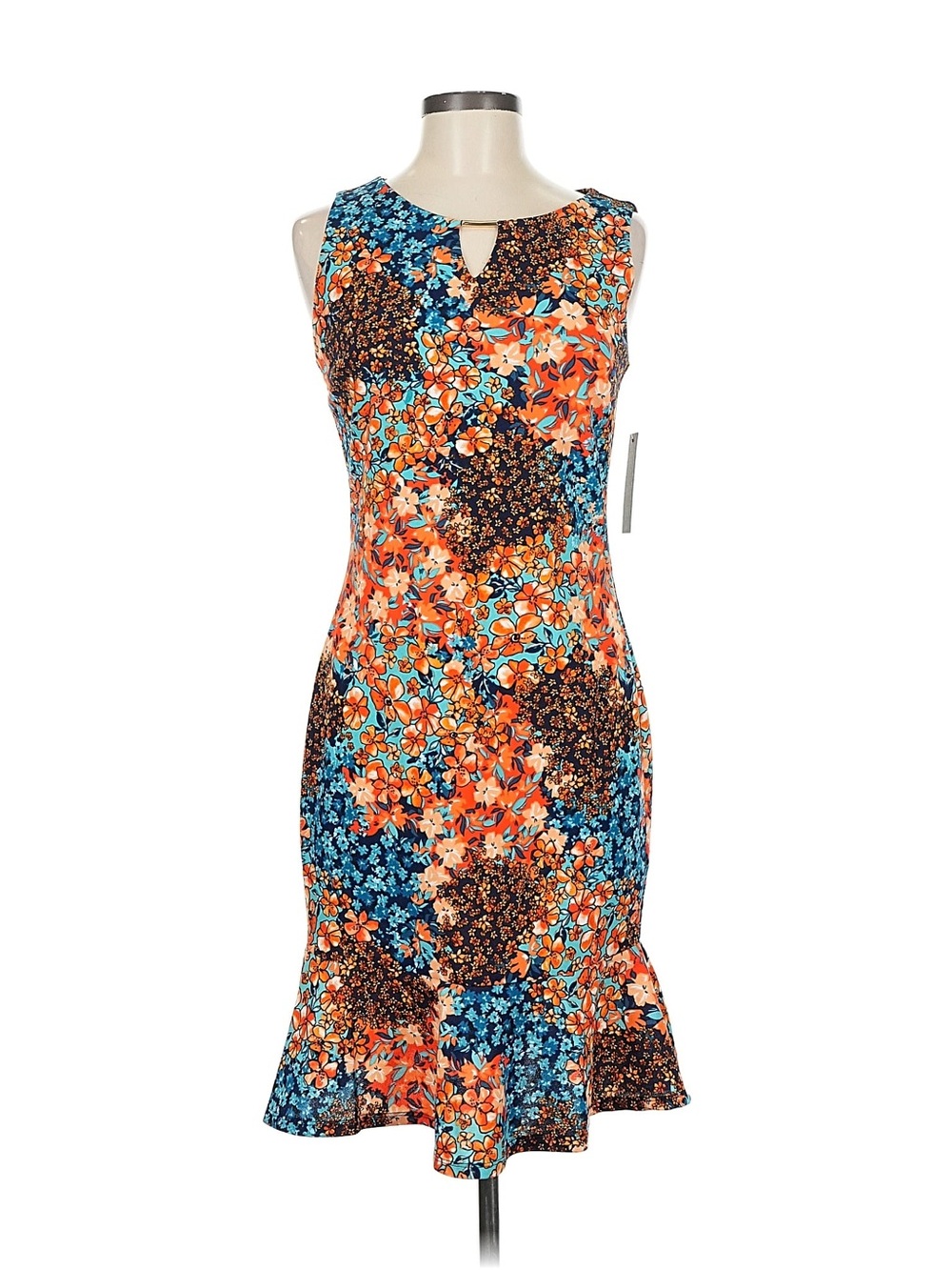 NWT EnRevelry Size 8 Orange, Blue & Brown Floral Keyhole Sheath Midi Dress